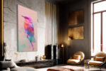 Geometric faceted bird on branch with paint splashes in blush pink and magenta, digital art canvas for bedroom
