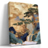 Pine trees and waterfall in golden ochre and forest green, silk embroidery-style landscape portrait wall art canvas