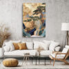 Pine trees and waterfall in golden ochre and forest green, silk embroidery-style landscape portrait wall art canvas
