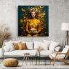 Regal woman in golden yellow with birds, roses, and citrus swirling outward u2014 maximalist digital art canvas print