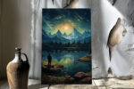 Lone figure on rocky lakeshore gazing at moonlit snow-capped mountains reflected in still water, night sky canvas wall art