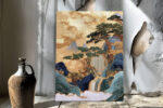 Pine trees and waterfall in golden ochre and forest green, silk embroidery-style landscape portrait wall art canvas