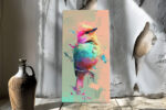 Small bird with fractured polygonal plumage in magenta, teal and peach, abstract digital art canvas for living room