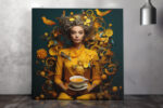 Regal woman in golden yellow with birds, roses, and citrus swirling outward u2014 maximalist digital art canvas print