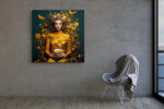Regal woman in golden yellow with birds, roses, and citrus swirling outward u2014 maximalist digital art canvas print
