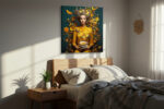 Regal woman in golden yellow with birds, roses, and citrus swirling outward u2014 maximalist digital art canvas print