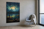 Lone figure on rocky lakeshore gazing at moonlit snow-capped mountains reflected in still water, night sky canvas wall art