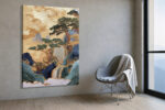Pine trees and waterfall in golden ochre and forest green, silk embroidery-style landscape portrait wall art canvas