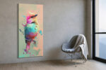 Small bird with fractured polygonal plumage in magenta, teal and peach, abstract digital art canvas for living room