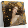 Serene woman with gold orbs and medallion crown, art nouveau portrait canvas for living room or bedroom