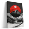Mountain peak inside vivid red circle with moon and snow valley, bold graphic mixed-media wall art canvas for living room