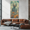 Surreal figure with glass sphere head amid orange blooms and clouds, bohemian portrait canvas for living room or bedroom