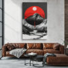 Mountain peak inside vivid red circle with moon and snow valley, bold graphic mixed-media wall art canvas for living room