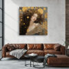 Serene woman with gold orbs and medallion crown, art nouveau portrait canvas for living room or bedroom