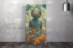 Surreal figure with glass sphere head amid orange blooms and clouds, bohemian portrait canvas for living room or bedroom