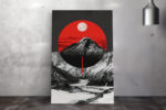 Mountain peak inside vivid red circle with moon and snow valley, bold graphic mixed-media wall art canvas for living room