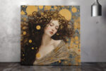 Serene woman with gold orbs and medallion crown, art nouveau portrait canvas for living room or bedroom
