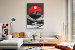 Mountain peak inside vivid red circle with moon and snow valley, bold graphic mixed-media wall art canvas for living room