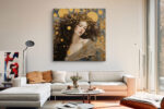 Serene woman with gold orbs and medallion crown, art nouveau portrait canvas for living room or bedroom