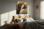 Serene woman with gold orbs and medallion crown, art nouveau portrait canvas for living room or bedroom