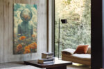Surreal figure with glass sphere head amid orange blooms and clouds, bohemian portrait canvas for living room or bedroom