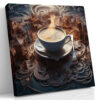 Surreal coffee cup over sculpted miniature town in terracotta and steel blue, bold digital art canvas for dining room