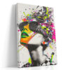 Female figure with neon paint splatter and mechanical headgear, bold pop art mixed-media canvas for a maximalist living room