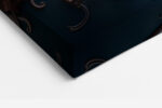 Surreal coffee cup over sculpted miniature town in terracotta and steel blue, bold digital art canvas for dining room