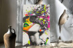Female figure with neon paint splatter and mechanical headgear, bold pop art mixed-media canvas for a maximalist living room