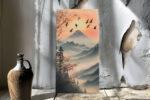 Snow-capped volcanic mountain with autumn foliage and birds in flight, japandi illustration canvas for living room