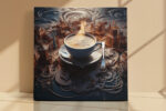 Surreal coffee cup over sculpted miniature town in terracotta and steel blue, bold digital art canvas for dining room