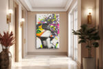 Female figure with neon paint splatter and mechanical headgear, bold pop art mixed-media canvas for a maximalist living room