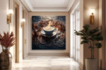 Surreal coffee cup over sculpted miniature town in terracotta and steel blue, bold digital art canvas for dining room