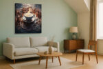Surreal coffee cup over sculpted miniature town in terracotta and steel blue, bold digital art canvas for dining room