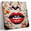 Close-cropped mixed-media portrait with vivid red lips on a warm cream paper collage mosaic, bold contemporary wall art