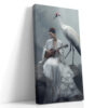 Woman in white kimono playing ukulele beside a red-crowned crane in pale blue-grey mist, japandi portrait canvas art