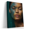 Woman's face with teal paint texture and closed eyes in deep teal and amber, moody portrait canvas for bedroom