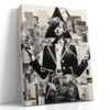 Vintage female figure with black triangle, collaged paper fragments, monochrome mixed-media portrait canvas for home office