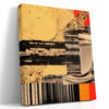 Coffee cup collage with barcode stripes and warm yellow panels, bold mixed-media wall art for industrial home office