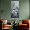 Woman in white kimono playing ukulele beside a red-crowned crane in pale blue-grey mist, japandi portrait canvas art