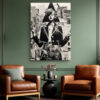 Vintage female figure with black triangle, collaged paper fragments, monochrome mixed-media portrait canvas for home office