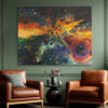 Abstract acrylic fluid art explosion in amber, crimson, and teal on near-black background, bold canvas wall art