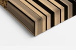 Coffee cup collage with barcode stripes and warm yellow panels, bold mixed-media wall art for industrial home office