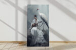 Woman in white kimono playing ukulele beside a red-crowned crane in pale blue-grey mist, japandi portrait canvas art