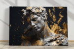 Classical Greco-Roman bust dissolving in gold fragments, dramatic digital art canvas for living room or home office