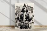 Vintage female figure with black triangle, collaged paper fragments, monochrome mixed-media portrait canvas for home office