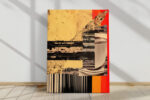 Coffee cup collage with barcode stripes and warm yellow panels, bold mixed-media wall art for industrial home office