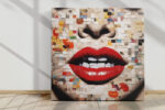 Close-cropped mixed-media portrait with vivid red lips on a warm cream paper collage mosaic, bold contemporary wall art