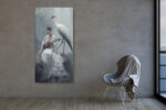 Woman in white kimono playing ukulele beside a red-crowned crane in pale blue-grey mist, japandi portrait canvas art