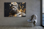 Classical Greco-Roman bust dissolving in gold fragments, dramatic digital art canvas for living room or home office